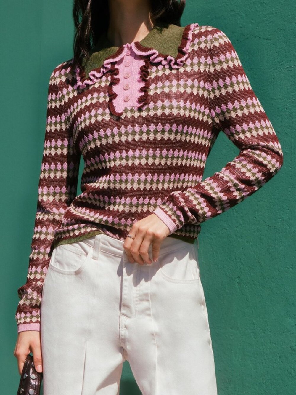 Red & Green Casual Women's Jacquard Long Sleeve Button Sweater
